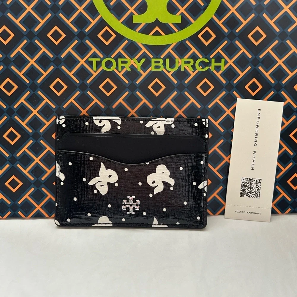 Tory Burch Emerson Printed Slim Card Case Black Tossed Bow Silver Black White